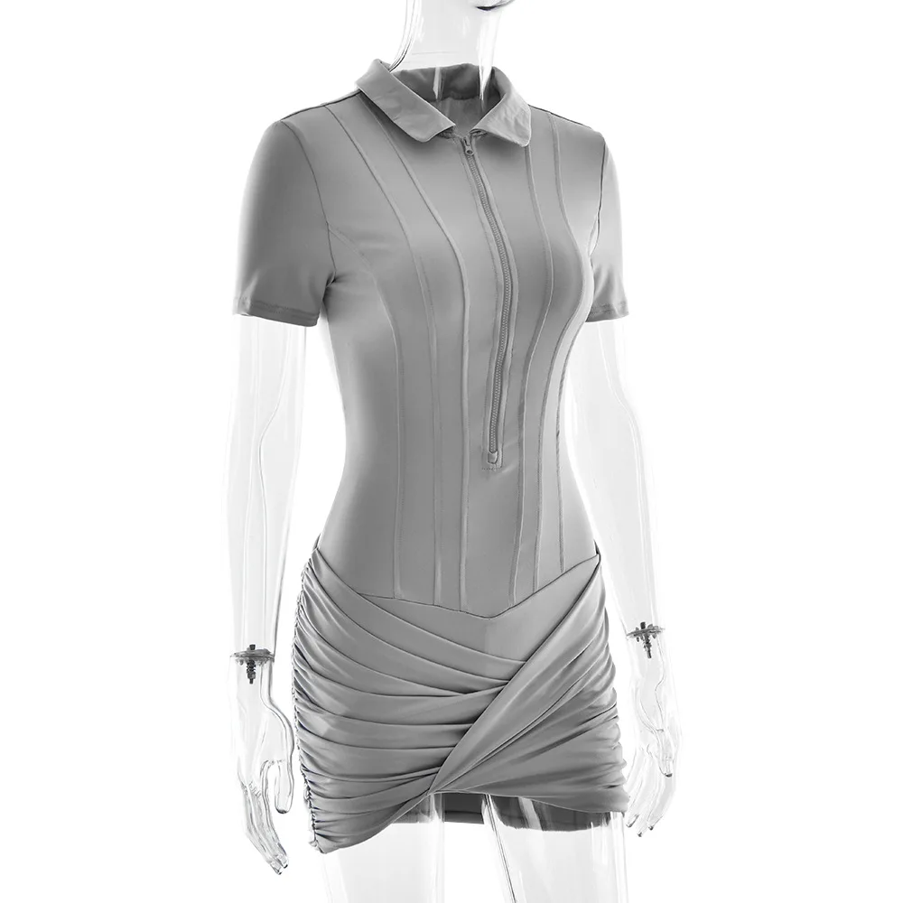 Modischer Plissee-Jumpsuit für Damen, Eleganter Kurzarm-Bodycon mit Reißverschluss und Revers, Sommerliche Alltags- und Streetwear – Detail 30
