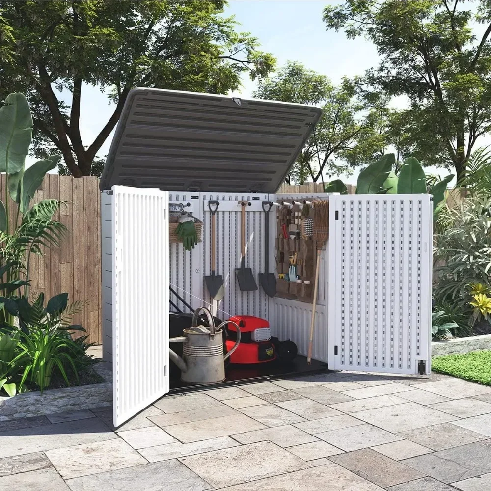 Cobertizo de almacenamiento para exteriores, mayor resistencia a la intemperie, caja de almacenamiento Horizontal impermeable para jardín, Patios, Patios traseros, 48 pies cúbicos