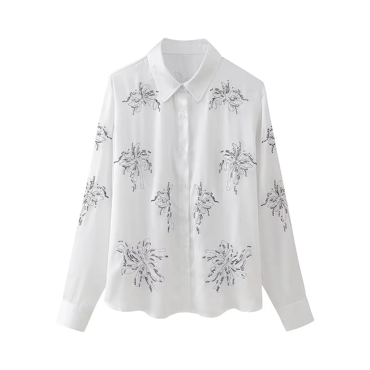 Tangada 2024 Women White Sequined Shirt Long Sleeve Turn Down Collar Female Beading Tops CE022