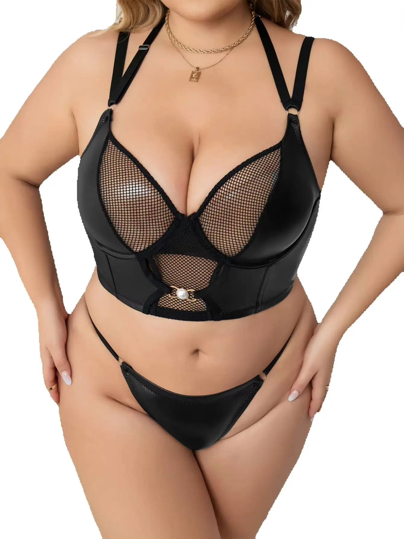 Plus Sexy Lingerie Set PU Leather Mesh Spliced Bustier Bra and Panties Women's Underwear Fetish Temptation Erotic Bra 2pcs Sets