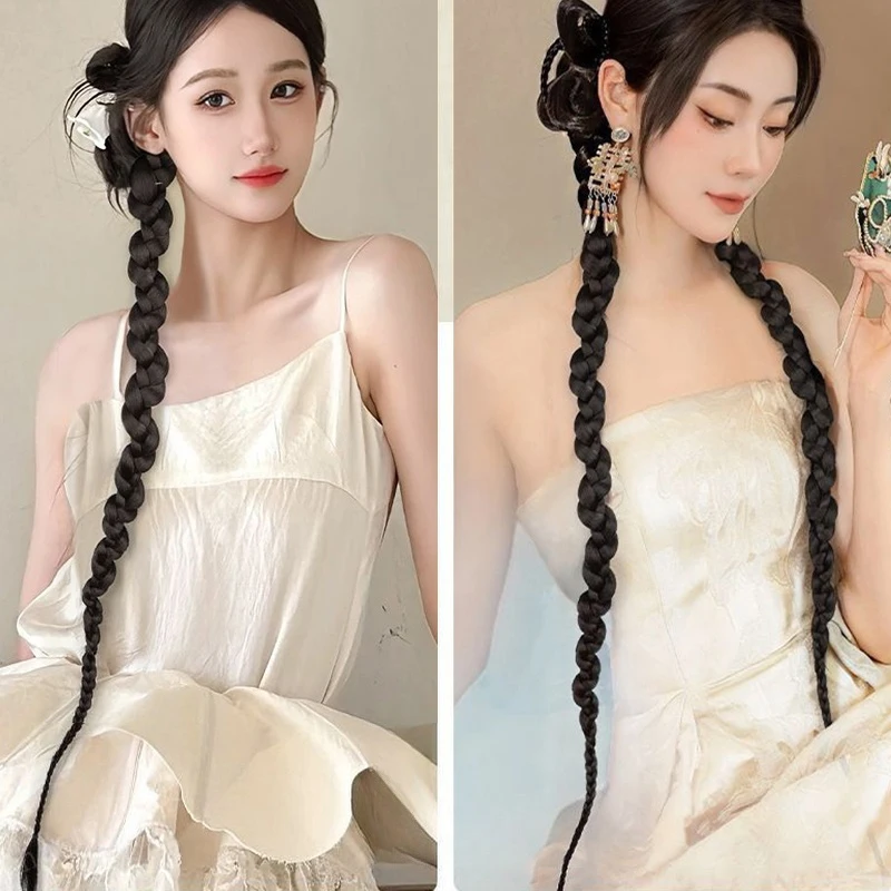 

New Chinese Style Wig Braid Ponytail Long Braids With Hair Band Synthetic Ponytail Wig Natural Hair Extensions Braided Ponytail