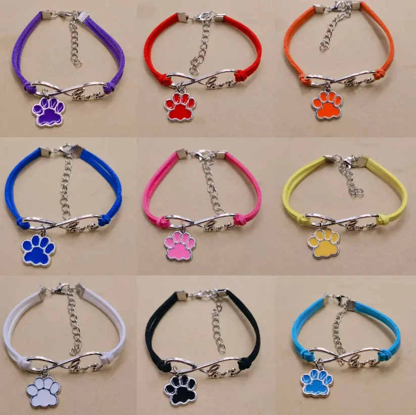 Mixed Color Velvet Rope Cat Dog Paw Bracelet Footprints Charms Pendants Infinity Love Leather Bracelet Unisex Jewelry Gift