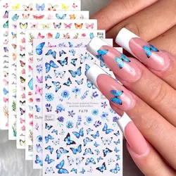 6PCS 3D Blue Butterfly Nail Charms Sliders Colorful Spring Butterfly Design Stickers Self Adhesive Summer Flower Manicure Decals