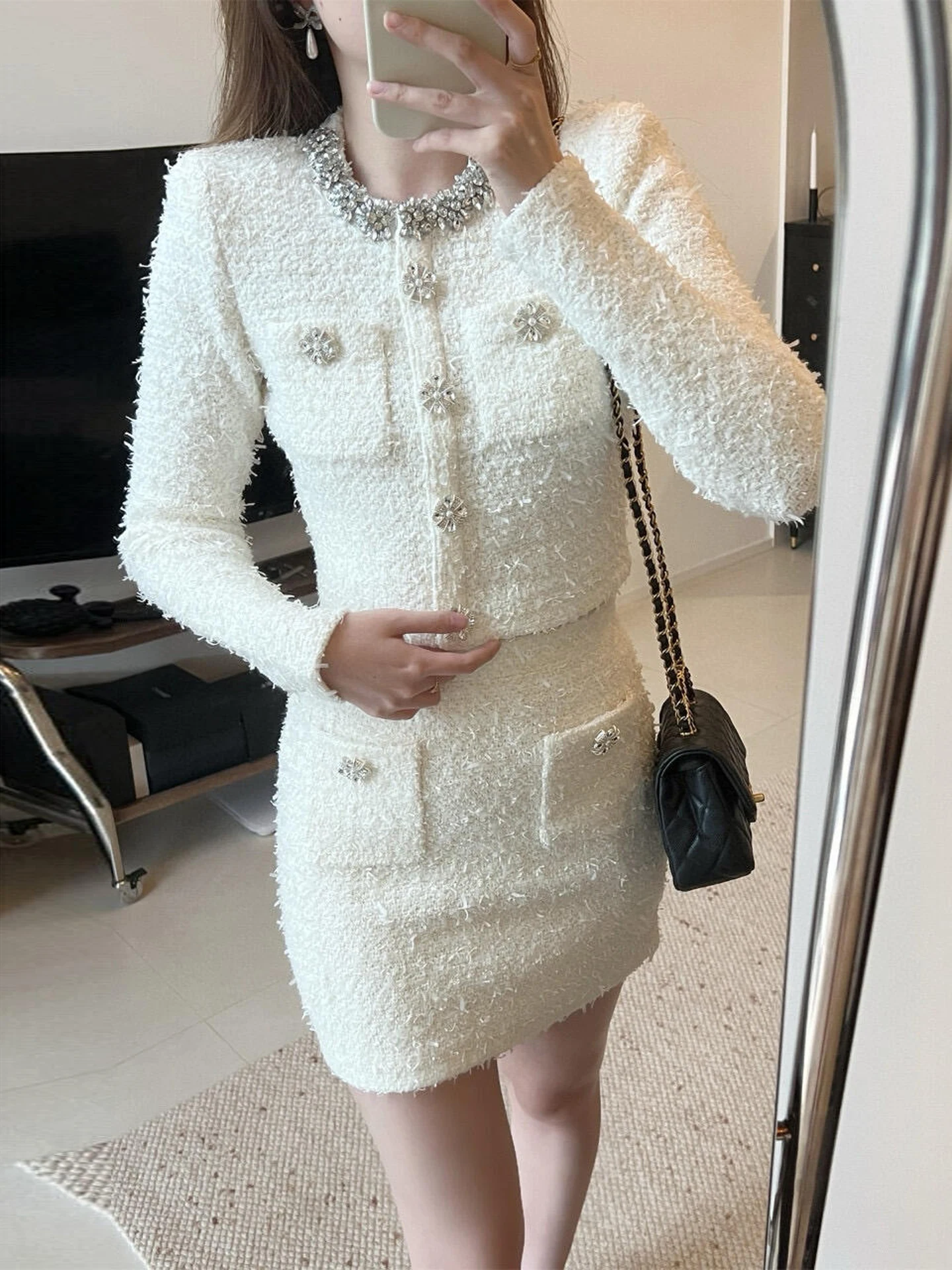 

Высококачественный женский вязаный открытый кардиган и юбка со встроенными бриллиантами, осенне-зимний комплект Faion Ensemble ort Sve Long Sve