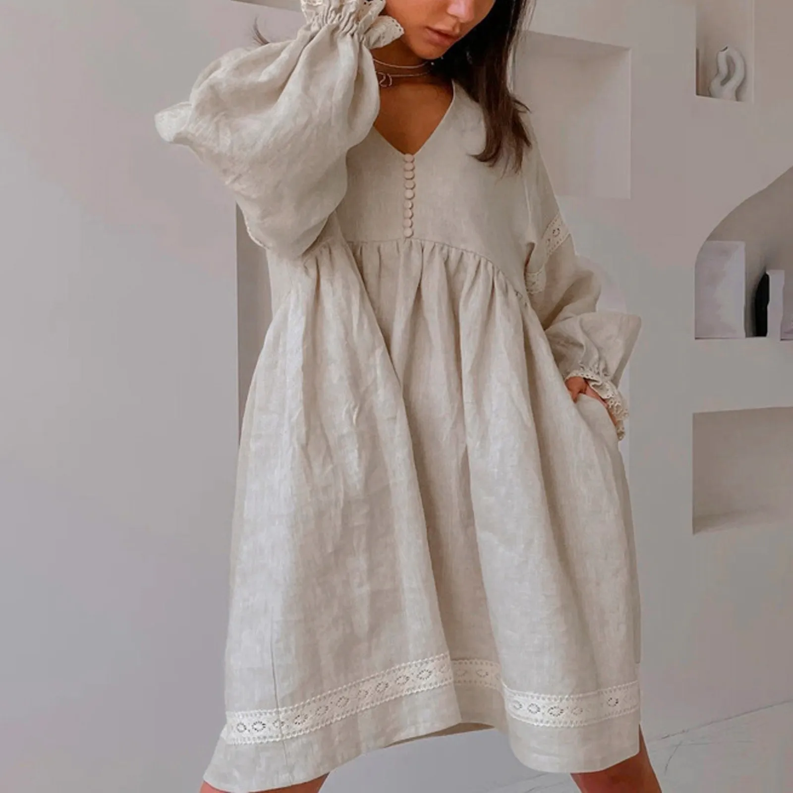 

Summer Cotton Linen French Style Dress Commuter Fashion Patchwork Lace Casual Loose Dress Women Sexy V Neck Lantern Sleeve Dress