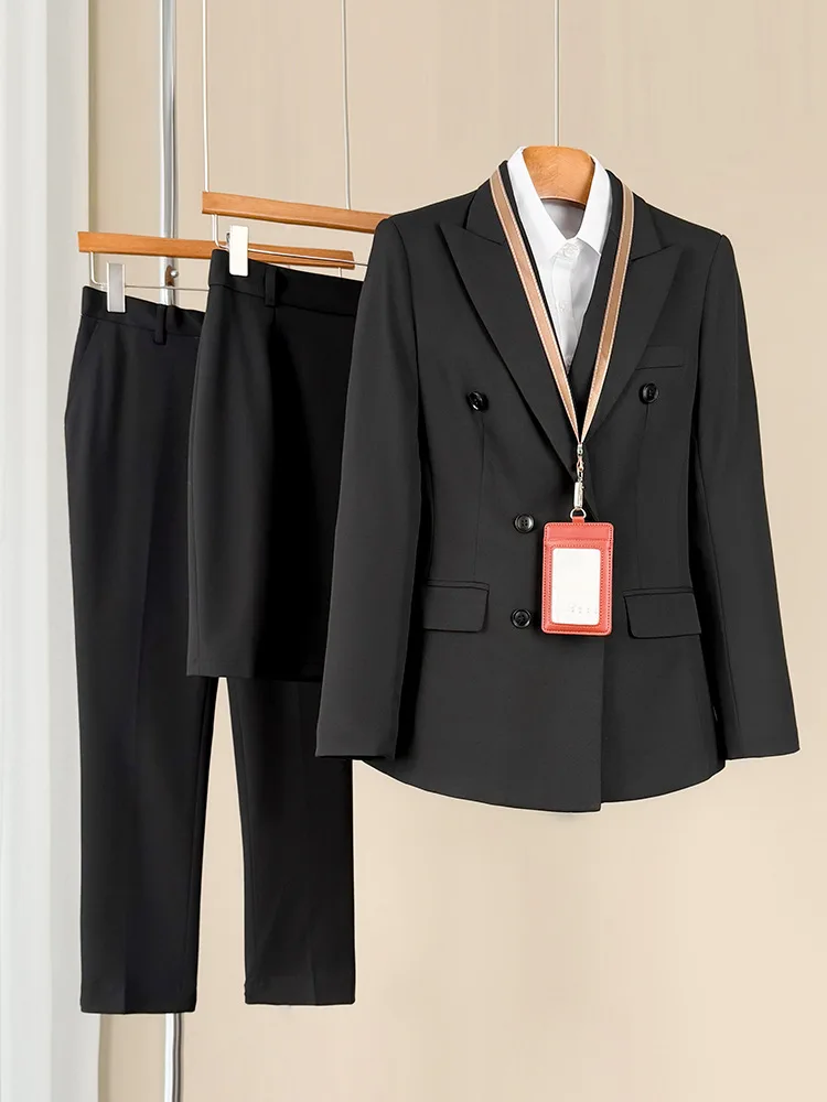 Navy blue women's suit set for autumn, suitable for commuting, elegant and professional, slim-fit double-breasted blazer, formal