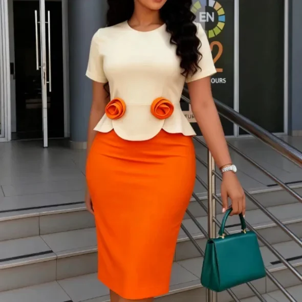 Elegant Women Church Dresses O Neck Long Sleeve 3D Flower Peplum Solid Package Hip Causal Office Ladies Gowns Africa Clothing