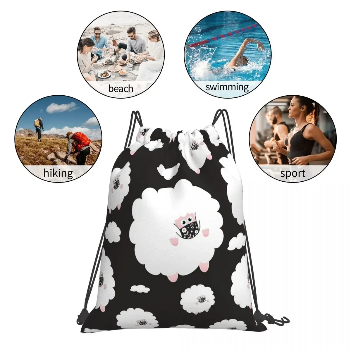 Masked Sheep In The Sky Black Backpacks Casual Drawstring Bags Drawstring Bundle Pocket Shoes Bag Book Bags For Travel Students