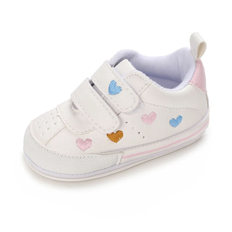 Newborn Boys and Girls Shoes PU Knit Embroidered Hearts First Walkers Comfortable Soft Rubber Sole White Baptism Toddler