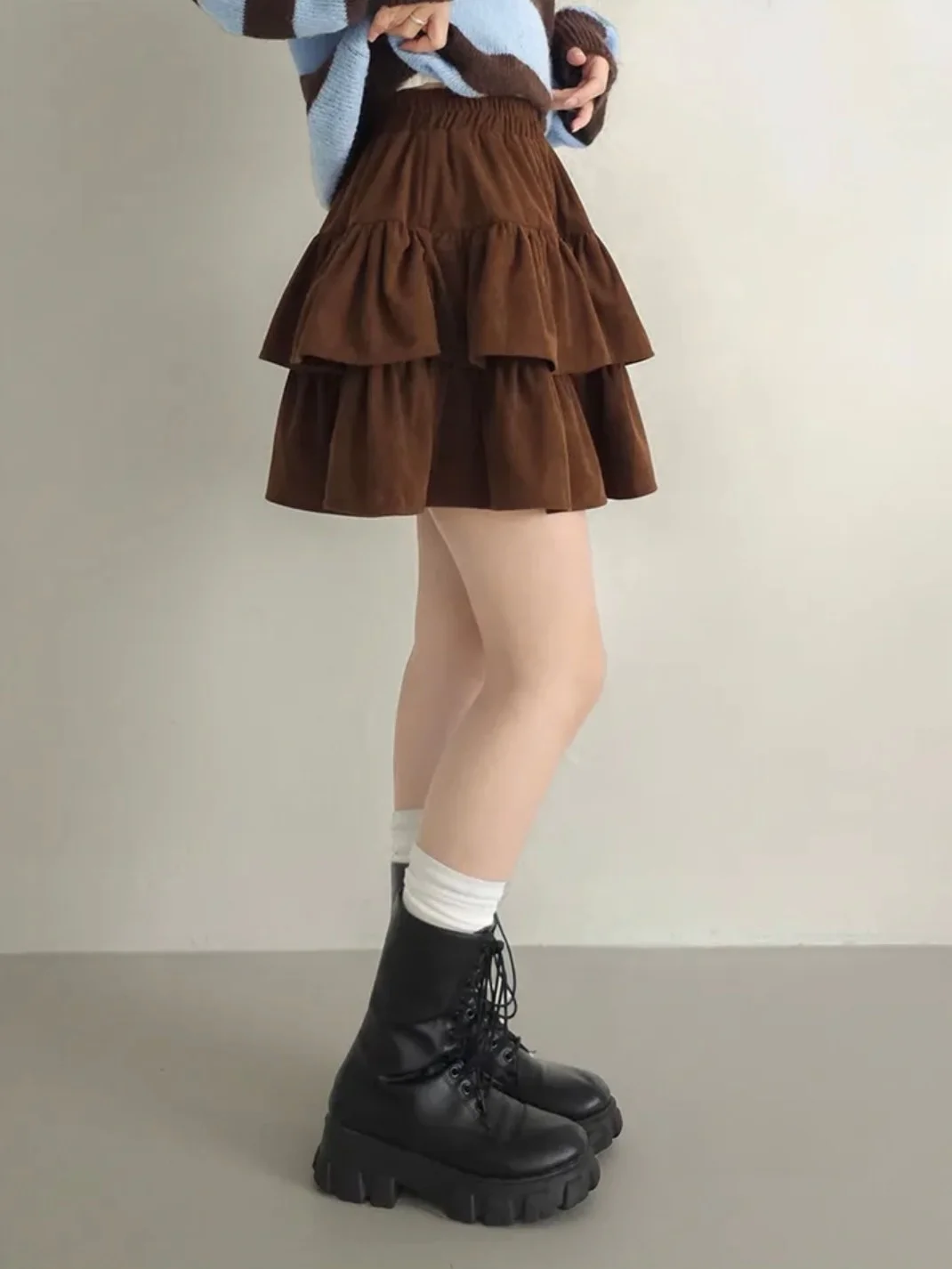 Retro Koreaanse Sle Hoge Taille A-lijn Rok Gezwollen Ruche Cake f Rok Ballet Afslanken Effect Unieke SEI Pendelen Sle