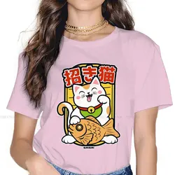 Lucky Cat Women T Shirt Maneki Neko Taiyaki with Fish Classic Female Tops Harajuku Funny Tees Ladies 5XL Cotton Tshirt