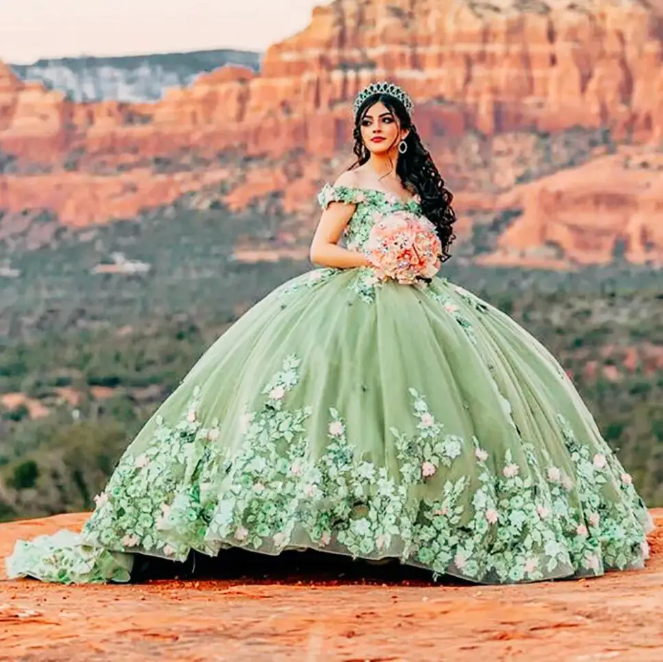 Vestido De quinceañera De encaje con apliques florales en 3D, verde salvia, princesa dulce, 15 años