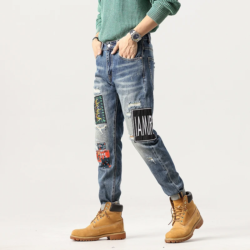 Designer Street Hip Hop Personality Fashion Men's Jeans Vintage Stretch Embroidery Splicing Skinny Patch Ripped Jeans Hombre