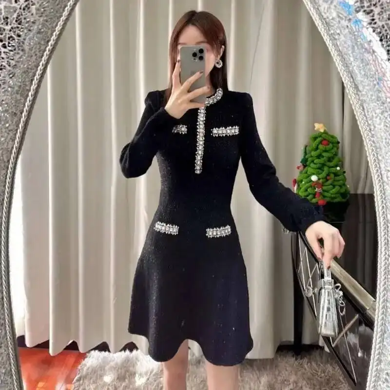Luxury Knitted Sequin Dresses Women Long Sleeve Beading Knitwear Pullover Party Vestidos Elegant Black Short Dress Quality