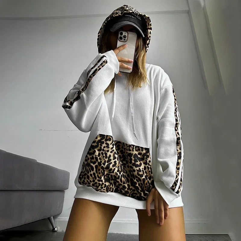 

Talenza Leopard Print Drawstring Hoodie Women's Solid Spliced Loose Casual Pullover Top Long Sleeve Street Hoodie Sweatshirt