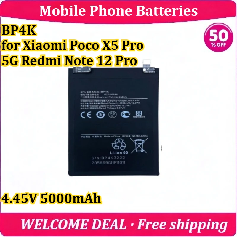 [New] BP4K for Xiaomi Poco X5 Pro 5G Redmi Note 12 Pro Mobile Phone Battery 4.45V 5000mAh Lithium Battery