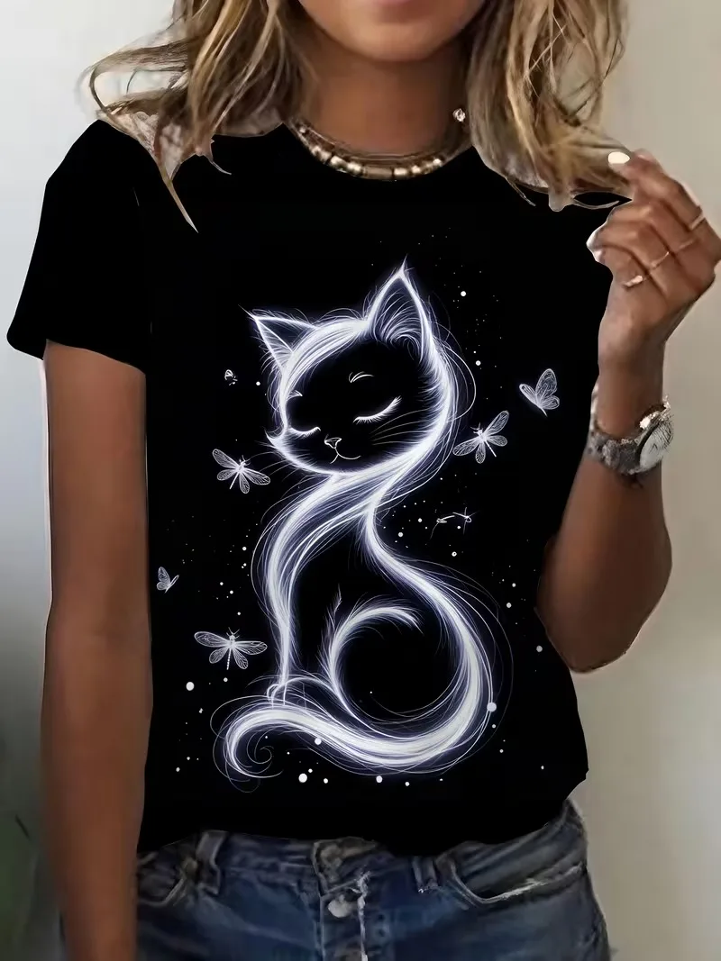 Funny Music Cat 3D Printing Women's T-Shirt Summer Casual Short-Sleeved Daily Street Round Neck Plus Oversized Women's Clothing