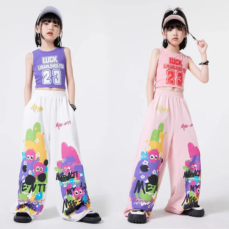 

Детские комплекты одежды в стиле K-pop: милые укороченные топы, жилетки, хип-хоп костюмы, джазовые брюки-джоггеры с граффити, уличная одежда для детей, костюмы для уличных танцев