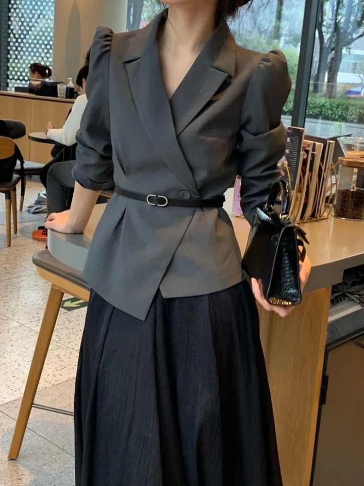 DEAT Elegant 2 Pcs Set Irregularity Belt Blazer Elastic Waist Pleated Skirt Women\'s Office Lady Suit 2024 Summer New Tide 35Z693