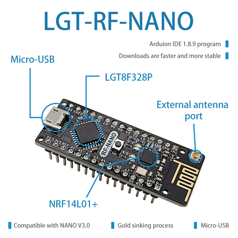 RF-Nano dla Arduino Nano V3.0, płyta Nano typu C ATmega328P CH340 zintegrowany bezprzewodowy NRF24L01 + 2,4G kompatybilny z biblioteką RF24