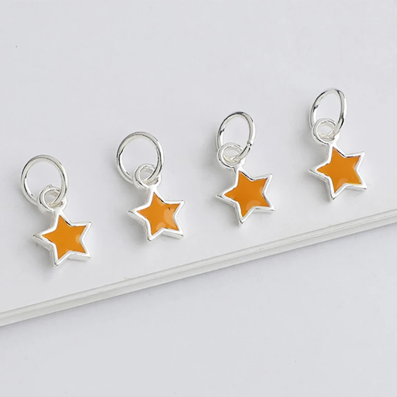 1pc 925 Sterling Silver Painting Orange Star Circle Pendants 9x6mm Women Men Earrings Neckalce Silver Drop Charms DIY Jewelry