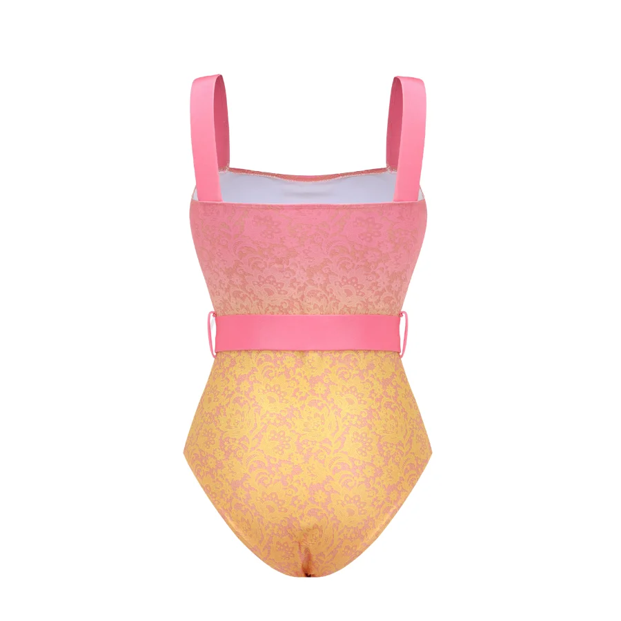 FLAXMAKER Lace Print Gradient Metal Belt Head Swimsuit Women Beachwear Luxury Bathing Suit