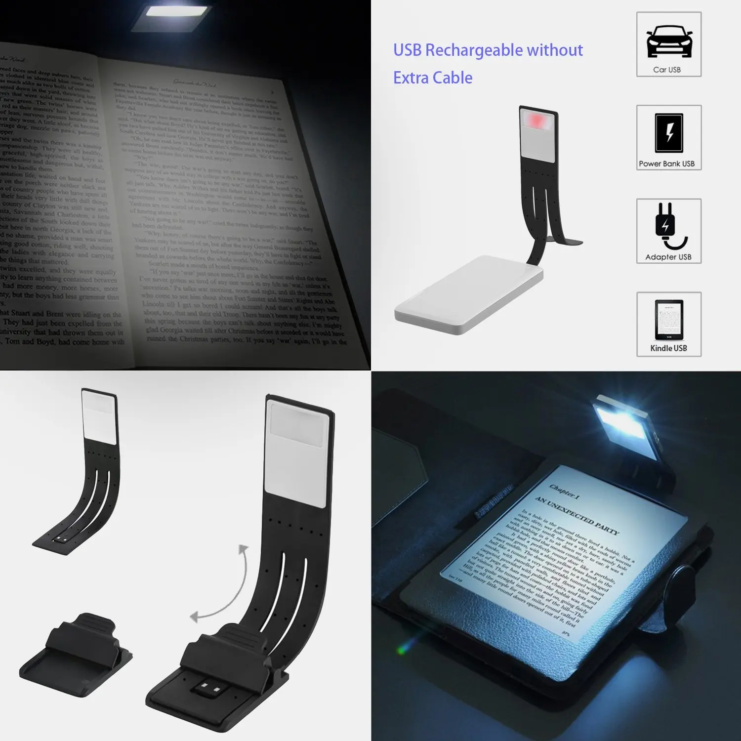 BAAG-Book Light, LED Clip Reading Lamp USB Rechargeable Tough Switch 4 Levels Adjustable Brightness Flexible Light Multifunction