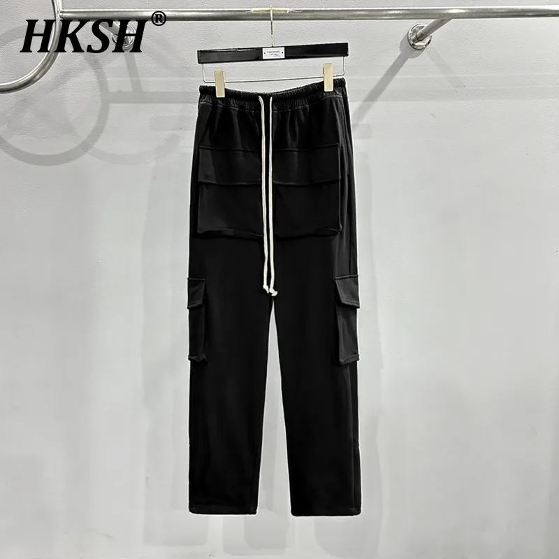 

HKSH Spring Autumn Winter New Tide Darkwear Cargo Pants Men's Chic Punk Straight Multi Pockets Cotton Drawstring Trousers HK2260