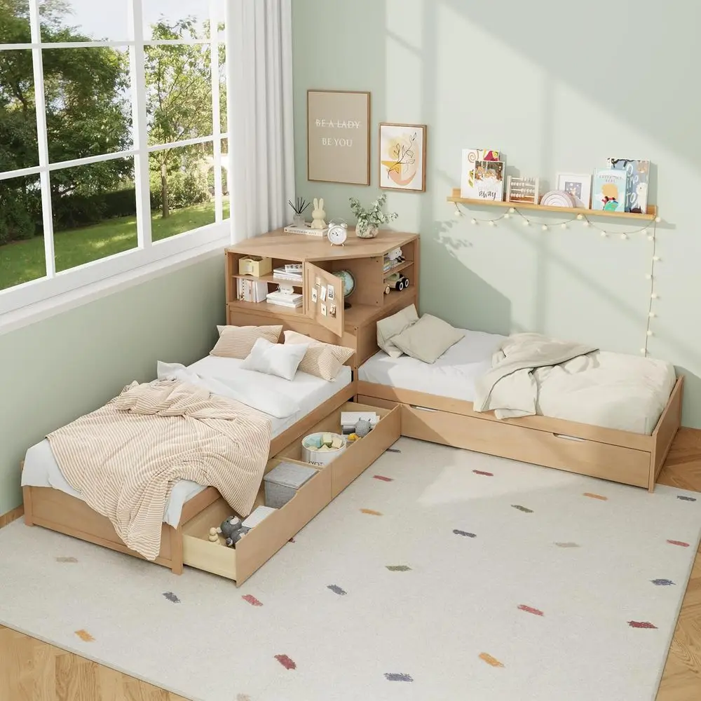 

L-Shaped Twin Bed with Trundle, Storage Drawers, and Desk, 3-in-1 Platform Bed for Kids, Wood Day Bed with Bookcase, Easy Assemb