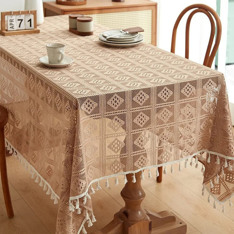 Luxury Crochet Diamond Solid Tablecloth Hollow Non-Slip Lace Table Cover for Wedding Banquet American Wear-Resistant Home Decor