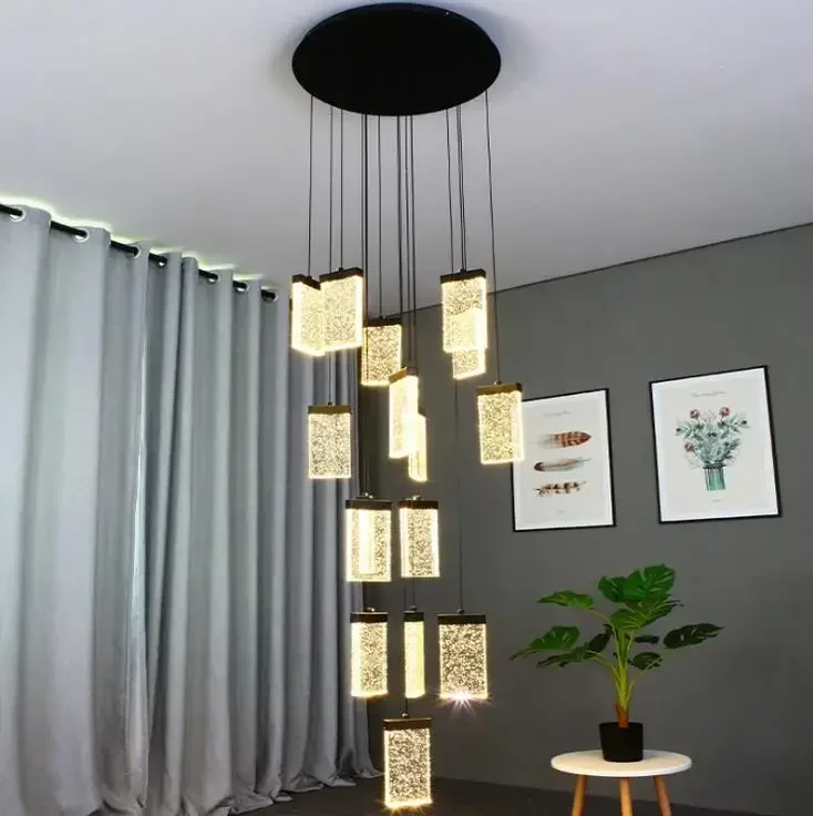 

Staircase Crystal Chandelier Luxury LED Square Bubble Crystal Lamp Loft Duplex Chandelier Villa Hotel Lobby Decoration Lamp