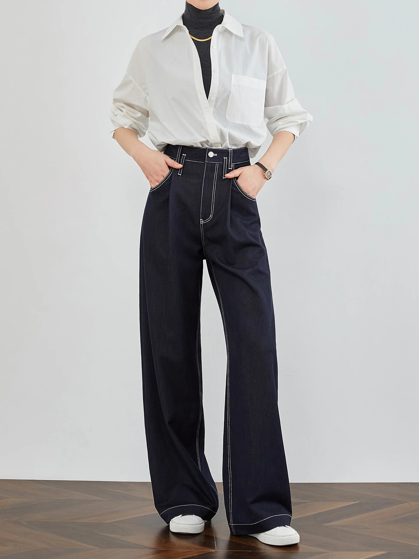 

TUMPUS Deep Blue Contrast Color Stitching High Waist Slim Straight Leg Wide Leg Jeans Women's Casual High Waist Wide Leg Pants