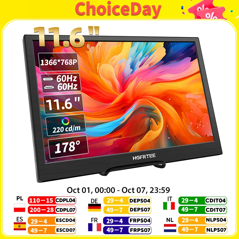 HGFRTEE 11.6inch Portable Monitor Gaming Extended Monitor HDMI-Compatible Laptop second screen For Switch/PS4/Raspberry Pi