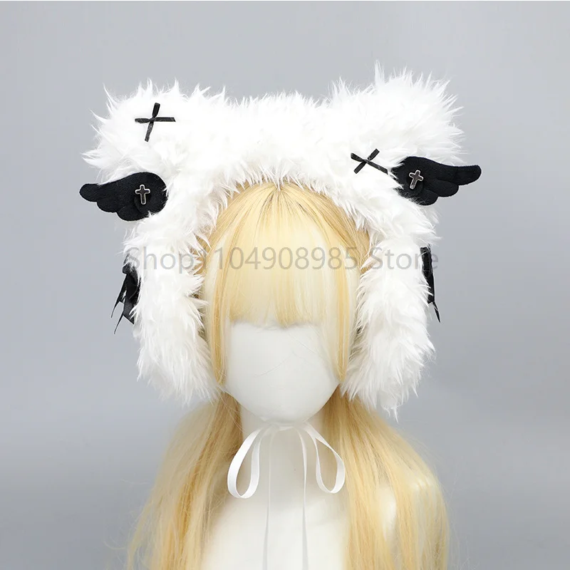 Plush Furry Hat Women Winter Wings Harajuku Earmuffs Lolita Kawaii Solid Color Thermal Earmuffs Girls Half-hat Accessories