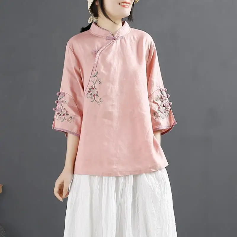 

New Summer Traditional Chinese Retro Style Top Embroidered Linen Clothes Oriental Clothing Traditional Chinese Blouse For Women