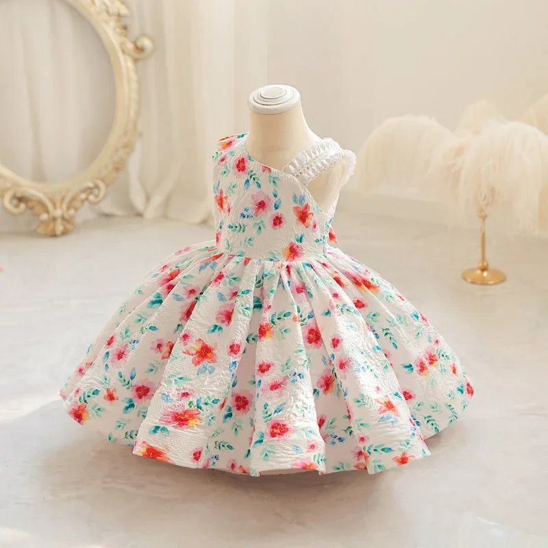 Vestido rosa Floral para niña, vestidos de tutú de princesa de 1 año, un hombro, fiesta de boda, ropa de primera comunión, 1-6