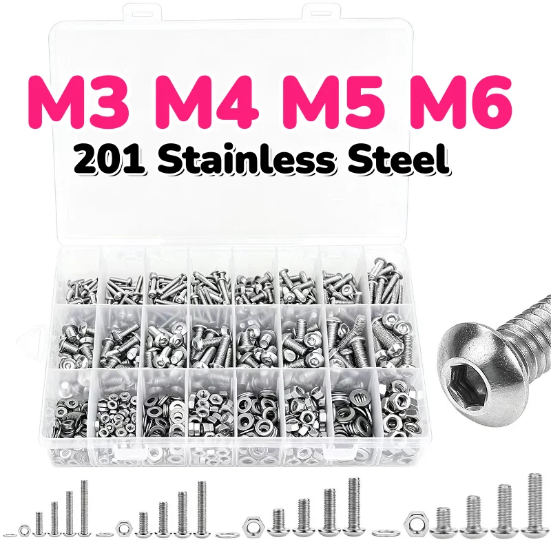 201 Stainless Steel M3 M4 M5 M6 Hex Socket Button Head Screw Bolts Nut With Washer Kit Sets Allen Round Screw Kit