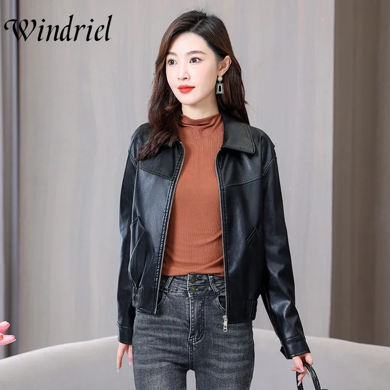 Spring Simple Faux Leather Clothing England Style Fashion Leather Coat Turn-Down Collar Suede Women M-3XL Autumn Jackets Outwear