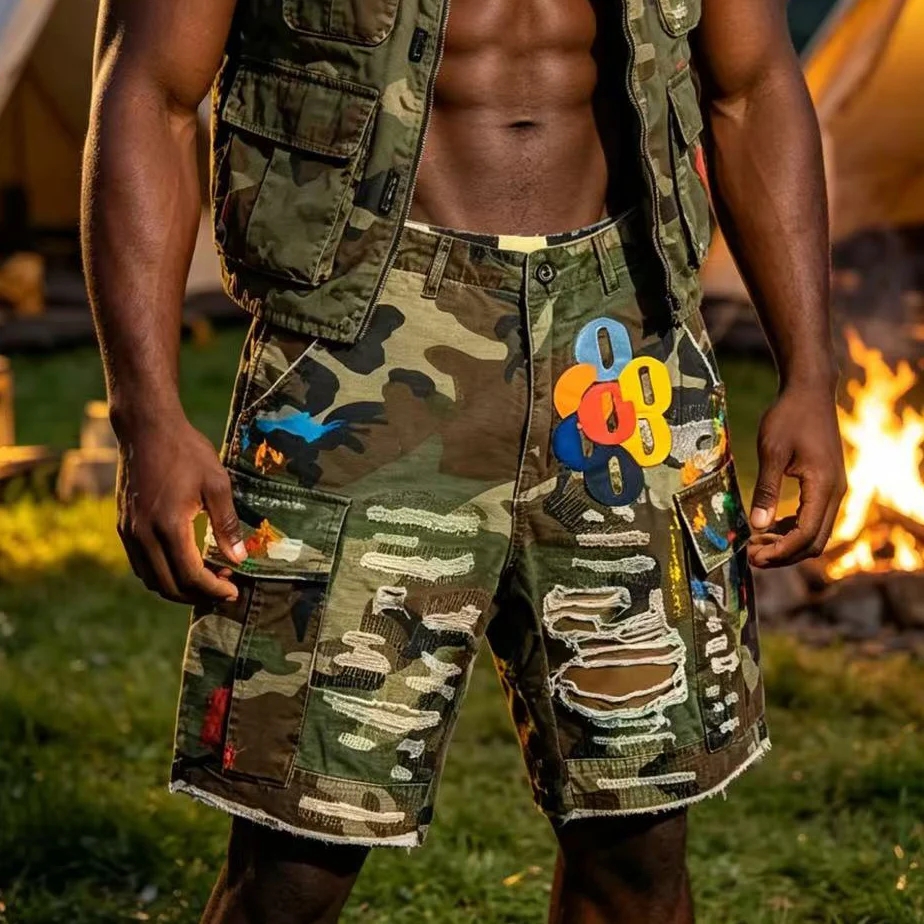 

Летние модные джинсовые шорты унисекс с камуфляжными вставками, кожаными элементами и надписями, в стиле ретро, до колен