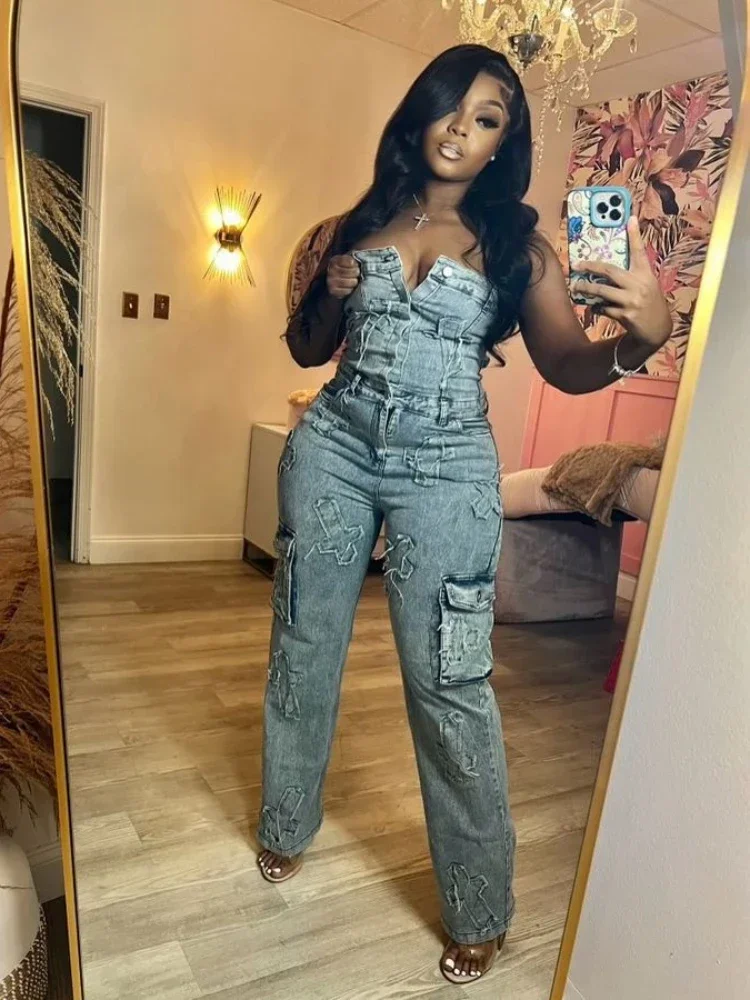 

Ueteey Women Strapless Embroidery Ripped Out Wide Leg Jeans Denim Jumpsuits 2024 Street Night Playsuit One Piece Suit Rompers