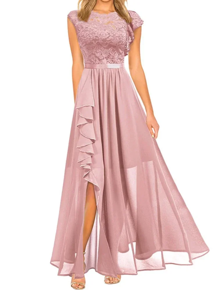 Harajuku Vintage Elegantes Langes Maxikleid 2025, neue Mode, hohe Taille, Rundhalsausschnitt, Party-Hochzeitskleider, gespleißtes Spitzen-Chiffon-Kleid