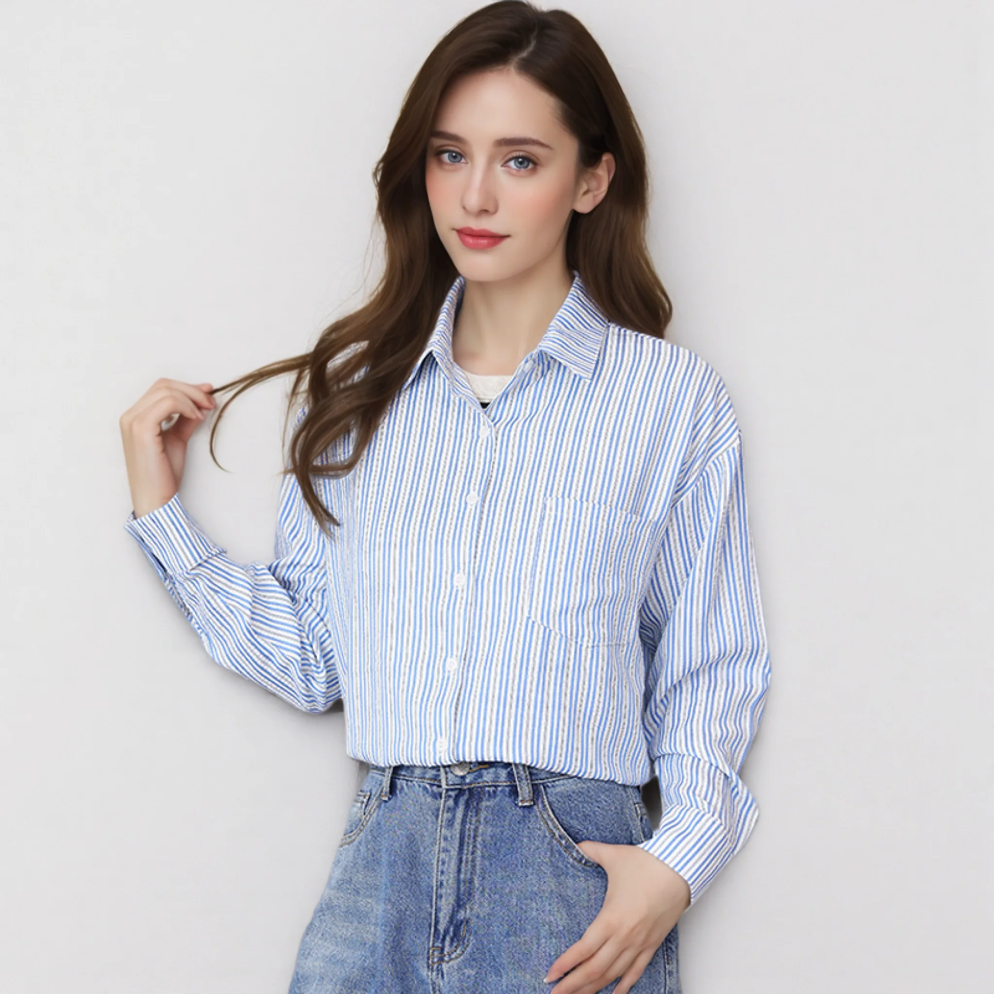 

2025 New Exquisite Design Blue Black Striped Shirt Women Casual Long Sleeve Cotton Blouse & Tops Lady Office Shirts Clothes
