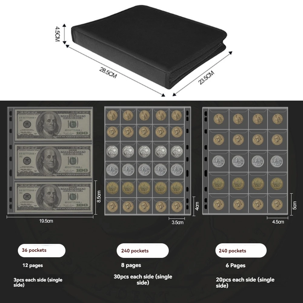 حامل كتب مجموعة العملات المعدنية لألبوم مقاوم للحريق مع 240 جيوب مجموعة العملات المعدنية + أكمام 36 فاتورة آمنة للتخزين #3