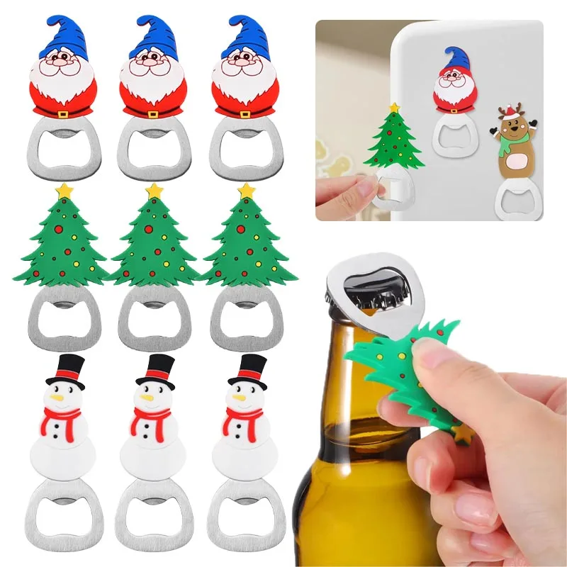 1-20PCS Stainless Steel Christmas Beer Bottle Opener Fridge Magnet Cartoon Santa Cap Opener Portable Holiday Kitchen Decor