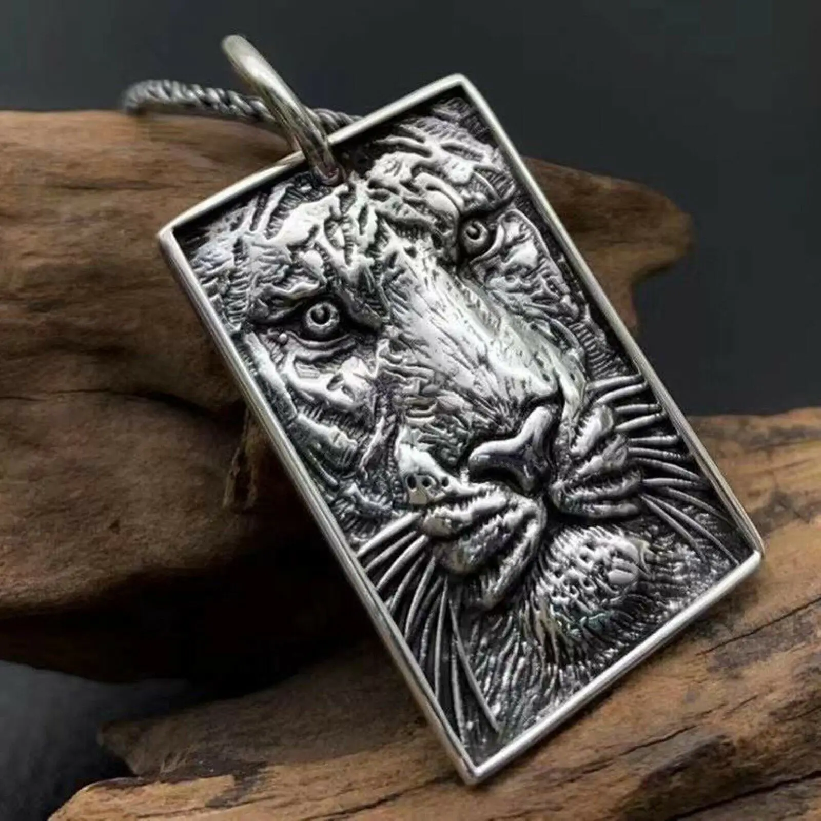 Real S925 Sterling Silver Pendant Men Women Zodiac Tiger Rectangle Lucky Pendant