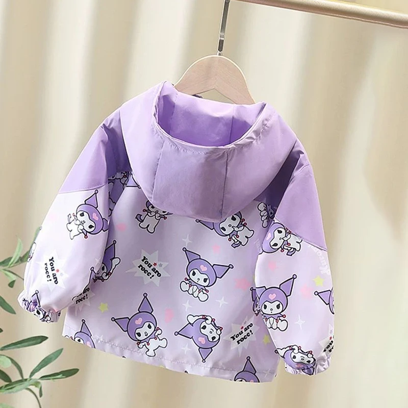 Nueva chaqueta Sanrioed para niñas, cortavientos, chaqueta con capucha y cremallera para otoño e invierno, Tops cálidos para niños, ropa para niños Kuromi de dibujos animados bonitos, regalo