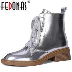 FEDONAS stivaletti da donna autunno inverno Outdoor Casual Office Ladies tacchi spessi in vera pelle scarpe incrociate moda donna