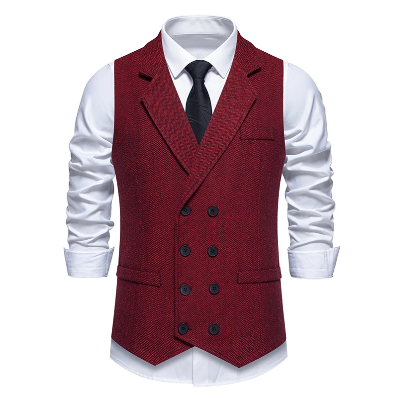 Autumn New Men's Herringbone Stitched Satin Inner Vest Business Casual Formal Suit Fake Pocket Vest Double Breasted Suit Vest