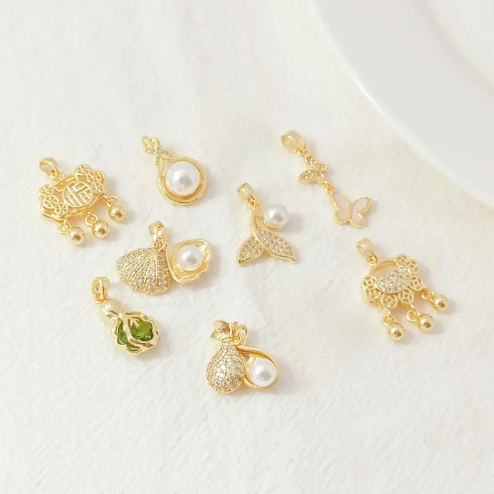 

14K Gold-plated Micro-inlaid Zircon Adhesive Imitation Pearl Pendant, Ruyi Lock, DIY Handmade Bracelet, Necklace, Small Pendant