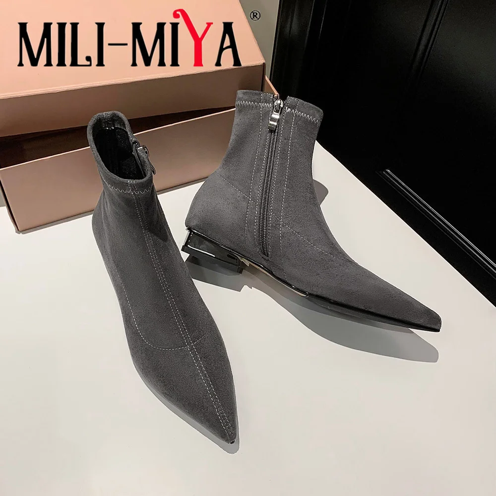

MILI-MIYA Women's Flock Chunky Heel Pointed Toe Low-Heel Stretch Boots Slim-Fit Ankle Boots Short Boots Plus Sizes 34-42 Handmad